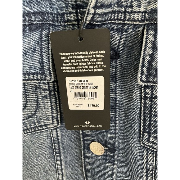 True Religion Denim Trucker Jacket Men's L Medium Wash Tape Logo NEW MSRP$179 - Picture 6 of 15